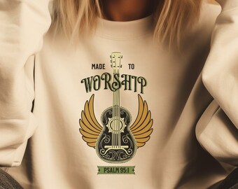 Made To Worship Psalm 95:1 Sweatshirt, Guitar with Wings, Boho Christian Shirt, Worship Music Shirt, Gift for Worship Pastor Musician Player