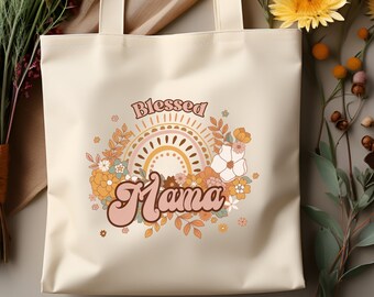 Blessed Mama Canvas Tote Bag, Retro Mom Tote, Fall Flowers Rainbow, Mama Book Bag, Mom Shopping Tote, Mom Gift, New Mom Gift, Reusable Tote