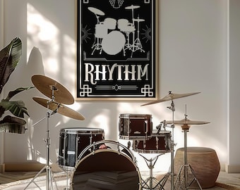 Vintage Inspired Drum Art Deco Print, Drummer Poster, Music Lover Gift, Retro Home Decor, Printable Black and White Art, Jazz Musician Print