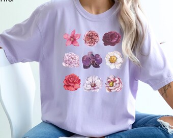 Watercolor Wildflower Grid Tee, Rose Orchid Peony Floral Shirt, Vintage Boho Flower T Shirt, Comfort Colors Nature Shirt, Mothers Day Gift