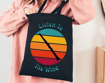 Retro Sunset Clarinet Music Tote Bag, Listen To The Wind, Band Music Bag, Musician Gift, Band Music Teacher Gift, Library Book Bag, Band Bag