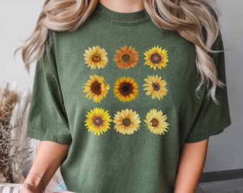 Boho Sunflower Grid Shirt, Oversized Boho Tee, Summer Autumn Floral, Comfort Colors Shirt, Watercolor Flowers, Bohemian Clothing, Fall Tee