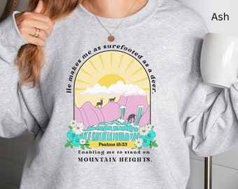 Psalms 18:33 Nature Sweatshirt, Christian Scripture Shirt, Retro Sunset Waterfall, Creation God Shirt, Inspirational Gift, Bible Verse Shirt