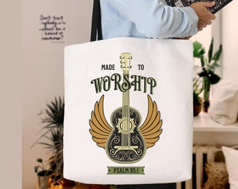 Made To Worship Tote Bag, Music Tote, Guitar Tote Bag, Musician Bag, Guitar with wings, Reusable Bag, Scripture Tote, Christian Tote Bag