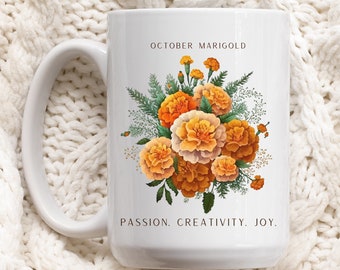 October Birth Flower Mug, Marigold Flower Gift, October Birthday Gift, Birth Month Flower Gift, Joy Coffee Cup, Flower Tea Cup, Barista Gift