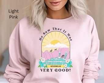 Retro Nature Creation Sweatshirt, Christian Shirt, God Shirt, Sunset Sunrise Mountains Waterfall, Bible Verse Christian Shirt, Very Good