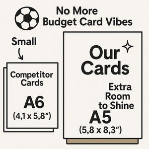 May include: A comparison of card sizes. The larger card is labeled "Our Cards" with the text "Extra Room to Shine" and measures 5.8 x 8.3 inches. The smaller card is labeled "Competitor Cards" and measures 4.1 x 5.8 inches. The text "No More Budget Card Vibes" is at the top of the image.