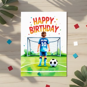 Carte d'anniversaire de football personnalisée pour enfants - Carte de joueur de football aquarelle avec nom personnalisé