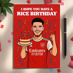 Tarjeta de cumpleaños de Declan Rice del Arsenal para fanáticos del fútbol, tarjeta con un juego de palabras "Espero que tengas un cumpleaños de Rice", regalo para seguidores