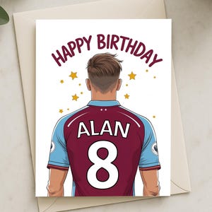 Gepersonaliseerd Aston Villa-verjaardagskaart: aangepaste "Happy Birthday"-kaart met spelerssilhouet, cadeau voor Aston Villa-fans