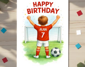 Personalised Football Birthday Card for Boys with Custom Name Shirt Number and Kit Colour, Kids Football Greeting Card Sports Birthday Gift
