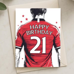 Numéro personnalisé de carte d'anniversaire Manchester United - « Joyeux anniversaire » carte personnalisée avec la silhouette du joueur, cadeau pour les fans de Man United
