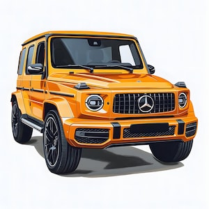 May include: A bright orange Mercedes-Benz G-Wagon SUV with black accents and a black grille. The vehicle has a black interior and black wheels.