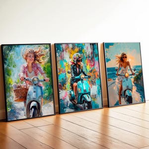 Set of Three Vintage Scooter Girls Posters | Digital Download | Women Biker Prints | Wall Decor | Motorcycle Printable Art | Biker Chick
