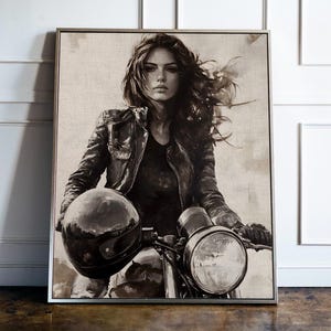 Póster de dibujo a lápiz de chica motociclista, arte de mujer motociclista, descarga digital, decoración de pared, ilustración de motociclista femenina, arte imprimible de chica motociclista de calidad