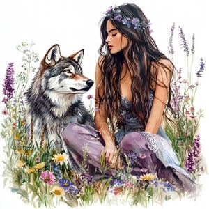 12 images JPG d'une fille avec un loup, aquarelle, clipart, images JPG haute résolution pour l'art numérique, le scrapbooking et les projets créatifs, animaux sauvages
