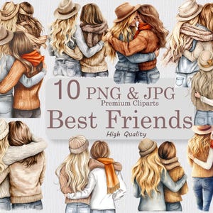 Best Friends Clipart Set – 10 PNG mit transparentem Hintergrund & 10 JPG-Bilder – Pastelltöne – Digitaler Download – BFF Illustration Bundle