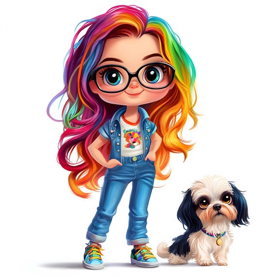 Colorful Cartoon Girl and Dog Clipart Cute Digital