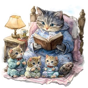 10 immagini ad alta risoluzione di un gatto che legge storie ai gattini in un fantasioso stile cartoon Clipart acquerello perfetto per progetti creativi