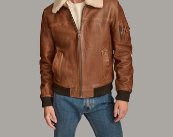 Men's Brown Shearling Leather Bomber Jacket: Vintage Aviator Coat