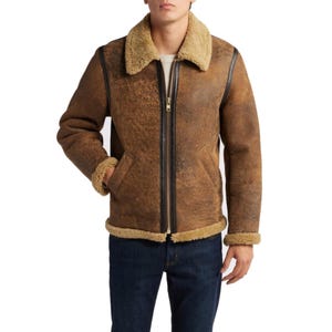Rustiek herenbomberjack van verweerde schapenvacht – vintage leren pilotenjas – winter warm met sherpa gevoerd pilotenjack, cadeau voor hem