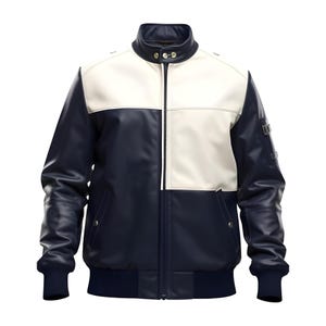 Men&#39;s Navy Blue and White Leather Bomber Jacket | Color Block Zip-Up | High Neck Style | Vintage Look | Gift for Him