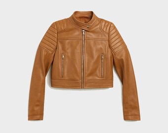 Handmade Brown Sheepskin Leather Biker Jacket: Quilted Moto Style
