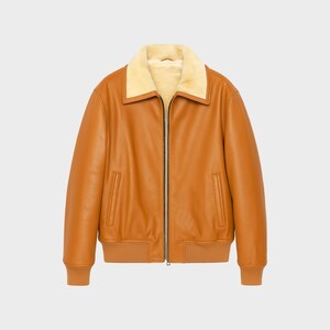 Karamellbraune Schaffellleder-Fliegerjacke für Herren mit Pelzkragen, warme Bomberjacke für Winter, Vintage Lederoberbekleidung