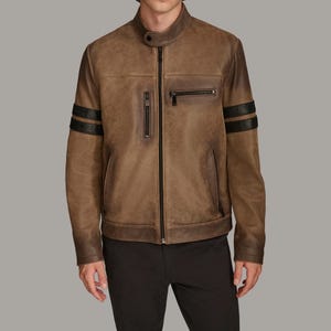 Men&#39;s Vintage Brown Leather Jacket - Distressed Cafe Racer Biker Coat with Striped Sleeves - Retro Moto Style Outerwear for Men,Gift for him