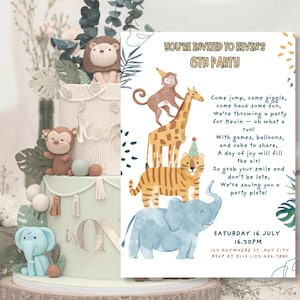 Editable Jungle Birthday Invitation – A6 Printable Canva Template – Safari Party Invite for Kids – Cute Animals – Instant Digital Download