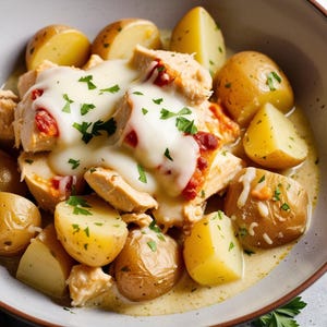 May include: A close-up of a bowl of chicken and potatoes in a creamy sauce, topped with melted cheese and fresh parsley.
