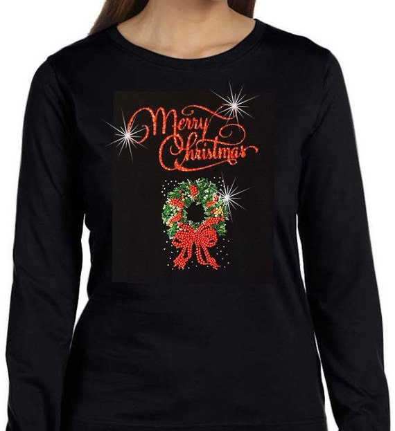 Christmas Rhinestone Shirt Christmas Wreath Merry Christmas | Etsy