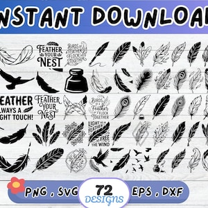 Feather SVG Bundle, Plume SVG, Cut File for Cricut Silhouette | Sublimation png, Stencil, Wall Art, Paper Cut