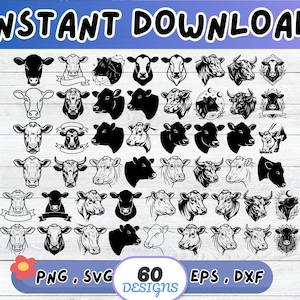 May include: A digital download graphic featuring 60 cow designs in various styles. The designs include black and white line art and solid black silhouettes of cow faces and heads. The text "INSTANT DOWNLOAD" is at the top.