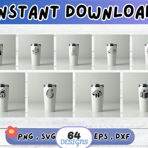 Peut inclure: Plusieurs mugs de voyage blancs avec des motifs noirs, dont un livre et une fus&eacute;e. Les mots "INSTANT DOWNLOAD" sont en haut, et "64 DESIGNS" en bas, avec des ic&ocirc;nes de type de fichier.