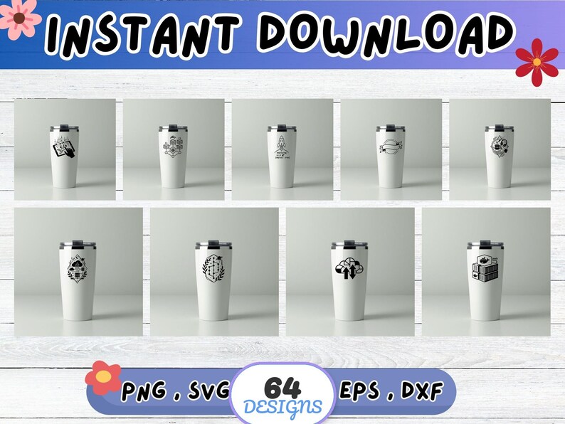 Peut inclure: Plusieurs mugs de voyage blancs avec des motifs noirs, dont un livre et une fus&eacute;e. Les mots "INSTANT DOWNLOAD" sont en haut, et "64 DESIGNS" en bas, avec des ic&ocirc;nes de type de fichier.