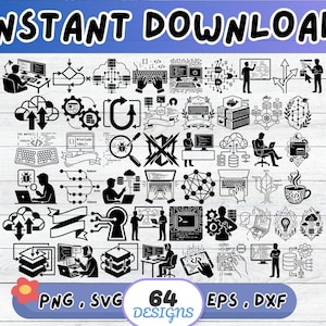 May include: Black and white digital illustrations of coding and software development icons. The image includes text that reads "INSTANT DOWNLOAD" and "64 DESIGNS" with file type options. The overall theme is technology and programming.
