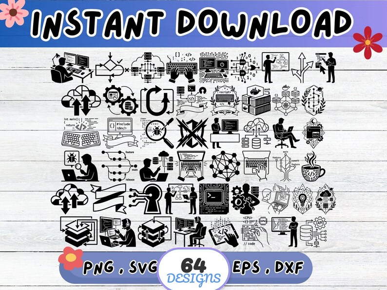 Peut inclure: Illustrations num&eacute;riques en noir et blanc d'ic&ocirc;nes de codage et de d&eacute;veloppement logiciel. L'image contient le texte "INSTANT DOWNLOAD" et "64 DESIGNS" avec des options de type de fichier. Le th&egrave;me g&eacute;n&eacute;ral est la technologie et la programmation.