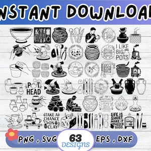 Può includere: Una collezione di 63 illustrazioni digitali in bianco e nero a tema ceramica, che includono vasi, strumenti per scolpire, forni e mani che modellano l'argilla. Il testo include frasi come I LIKE BIG POTS, POT HEAD e LIFE IS SHORT.