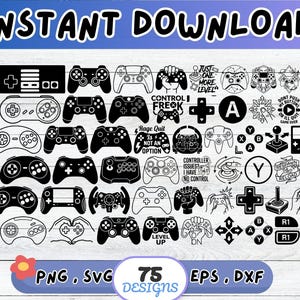 May include: A collection of black and white digital graphic designs featuring various video game controllers, handheld consoles, joysticks, buttons, and gaming-related text phrases like "Just one more level" and "Rage quit is not an option."
