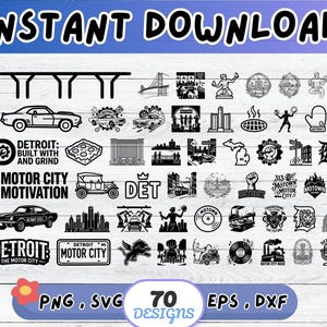 May include: A digital collection of 70 black and white graphic designs featuring Detroit-themed icons, including vintage cars, city skylines, the text 'DETROIT: BUILT WITH AND GRIND', 'MOTOR CITY MOTIVATION', 'DET', and 'DETROIT THE MOTOR CITY'.