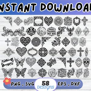 May include: A collection of 58 black and white digital graphic designs featuring intricate filigree, floral patterns, hearts, butterflies, crosses, skulls, and various text phrases like 'Less Bitter More Glitter' and 'Stay Scrolling' in PNG, SVG, EPS, and DXF formats.