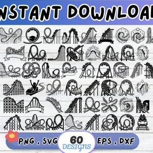 Może przedstawiać: Obraz z 60 czarno-białymi wzorami kolejek górskich. U góry widnieje napis "INSTANT DOWNLOAD", a na dole "PNG, SVG, EPS, DXF". Różnorodne ilustracje są idealne do różnych projektów kreatywnych.