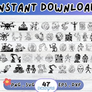 Puede incluir: Una colección de 47 ilustraciones digitales en blanco y negro con varios robots, drones, brazos mecánicos y patrones de circuitos. Los diseños incluyen textos como INSTANT DOWNLOAD, TOTALLY GEARED UP, MODULARITY IS KEY, I'M PROGRAMMED FOR SUCCESS y I'M PROGRAMMED FOR FUN.