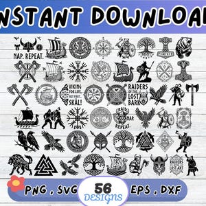 May include: A collection of 56 black and white digital graphic designs featuring Viking-themed illustrations including longships, axes, helmets, ravens, wolves, trees of life, and Norse symbols. The text includes phrases like NAP. REPEAT., VIKING FOR LIFE, BUT FIRST... SKÅL!, RAIDERS OF THE LOST BARK, and RAID NAP. REPEAT.