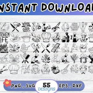 Op de afbeelding: Een verzameling van 55 zwart-wit digitale illustraties met keukenthema's, waaronder koks, keukengerei, potten, pannen en etenswaren. De tekst "INSTANT DOWNLOAD", "KITCHEN LIFE", "WHISK IT REAL GOOD", "GOOD FOOD GOOD MOOD" en "Whip It Good!" is inbegrepen.