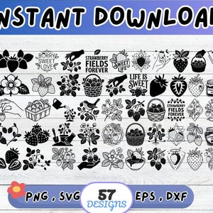 Puede incluir: Una colección digital de 57 diseños gráficos en blanco y negro con temática de fresas, que incluye diversas ilustraciones de fresas, hojas, flores, cestas, tarros y textos como Strawberry Fields Forever y Life Is Sweet.