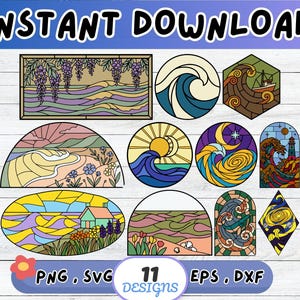 May include: A collection of 11 stained glass designs in various shapes, including rectangles, circles, and ovals. The designs feature nature scenes such as waves, sunsets, and landscapes. The text "INSTANT DOWNLOAD" is at the top, and "PNG, SVG, 11 DESIGNS, EPS, DXF" is at the bottom.