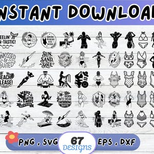 May include: A collection of 67 black silhouette digital designs featuring beach and swimming themes, including various swimsuits, people swimming, lounging, and surfing, with text phrases like FEELIN' FIN-TASTIC, SUNKISSED & SUITED, and BEACH PLEASE.