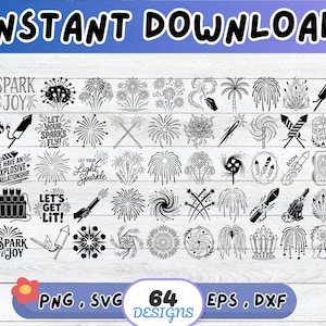 Könnte beinhalten: Eine digitale Sammlung von 64 schwarz-weißen Grafikdesigns mit Feuerwerk, Raketen und Wunderkerzen. Das Set enthält Textphrasen wie SPARK JOY, LET YOUR SPARKS FLY, WE HAVE AN EXPLOSIVE RELATIONSHIP, LET YOUR LIGHT SPARKLE und LET'S GET LIT.